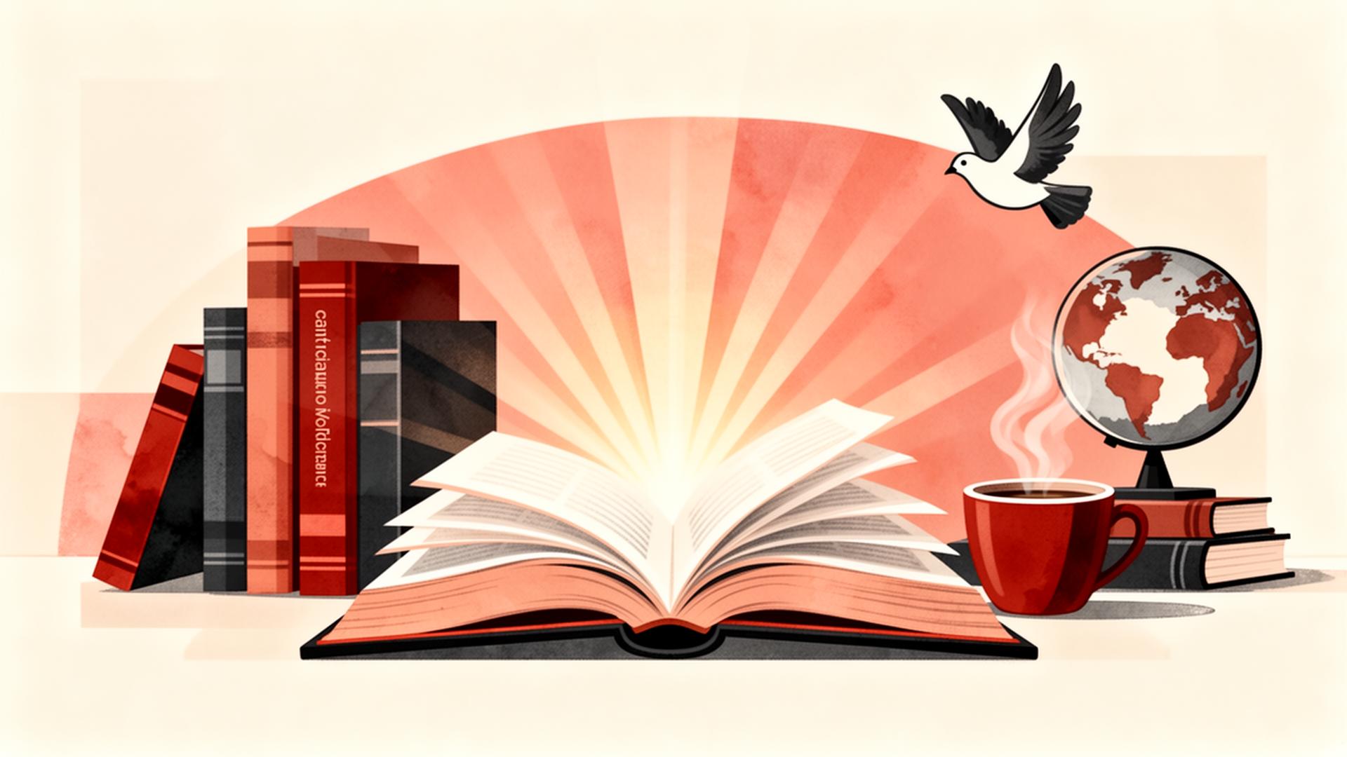 An open Bible with light radiating from its pages, a globe and a coffee cup nearby