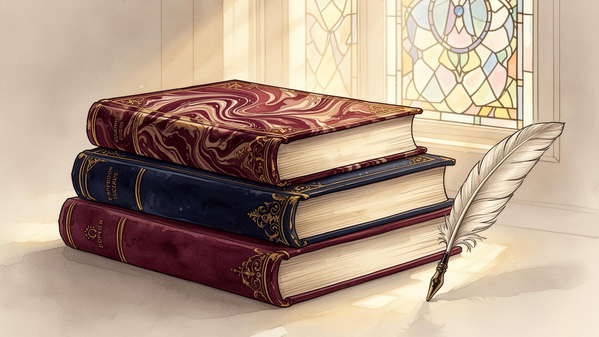 Stack of leather-bound vintage books beside a quill and stained glass window